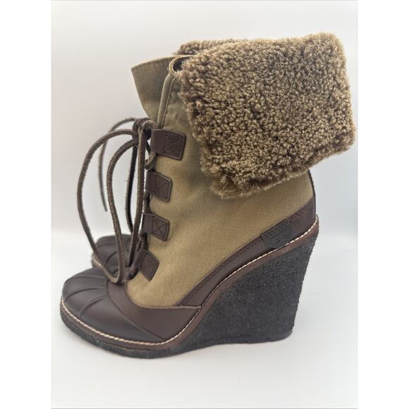 Tory Burch Boots Women Fairfax 8M Olive/ Brown Shearling LaceUp Combat Wedge - Picture 4 of 12
